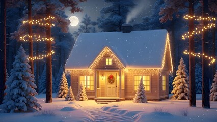 Cozy winter cabin decorated with twinkling Christmas lights in a snowy forest