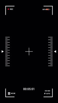 Video recording screen vertical mobile overlay. Vertical camera viewfinder overlay with red recording dot. Camera recorder screen overlay on a transparent background, alpha channel 4K Video.