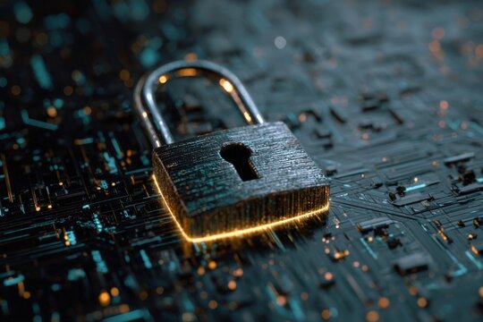 Immersive padlock cybersecurity interface illustrates security measures for digital data and technology in a futuristic setting