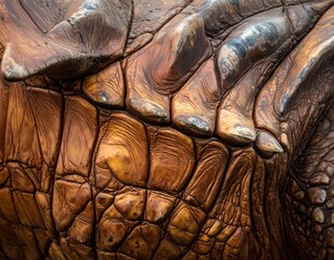 Extreme close-up of brown tortoise shell. Rough, textured surface with raised ridges and geometric patterns is visible