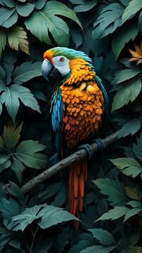 Seamless pattern of colorful macaw parrots in lush tropical foliage backdrop video