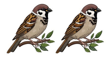 Obraz premium Two sparrows perched small branches with green leaves, depicted as an illustration