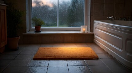 A cozy bathroom interior at twilight with rain outside an illuminated orange rug and a lit candle