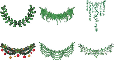 Collection of six different green garlands isolated on transparent background, perfect for adding a touch of nature to any design