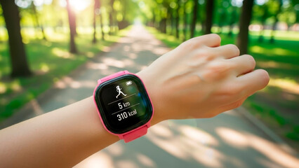 A young woman jogs in the morning with a touchscreen watch that tracks distance traveled and calories burned. Healthy lifestyle.