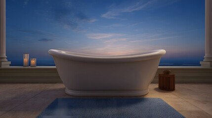 Obraz premium A freestanding bathtub on an outdoor balcony with an ocean view at twilight