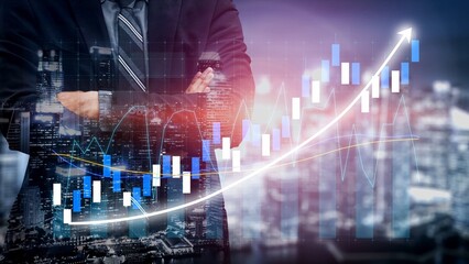 A confident businessman stands in front of a dynamic financial growth graph, symbolizing economic progress and innovation in a bustling modern city. Copula