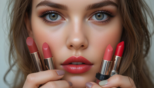 Closeup of a beautiful woman with perfect makeup holding various shades of lipstick