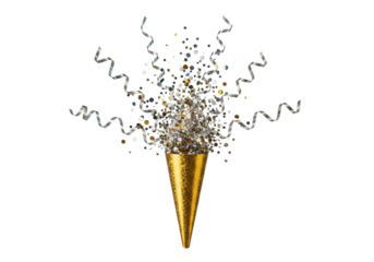 a metallic gold party popper cone erupts, freezing holographic confetti and iridescent streamers in dynamic motion against a transparent background, copy space. concept of explosive joy and