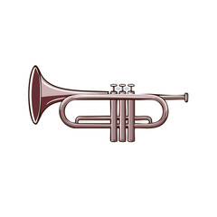 Naklejka premium Isolated Illustration of a Cartoon Trumpet, Musical Instrument, Bronze Color, Jazz Music, Orchestra. Suitable for graphic design.