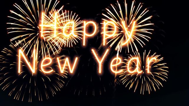 Animated "Happy New Year" greeting with sparkling text. Golden fireworks exploding in the night sky. Festive holiday celebration background