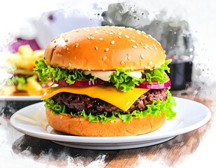 Delicious watercolor rendering of a classic hamburger with lettuce, cheese, onion, and sesame bun on a white plate
