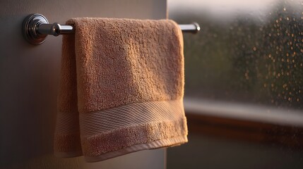 Obraz premium A soft peach towel is elegantly draped over a polished silver rack bathed in warm golden hour light with a rain streaked window in the background