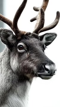 Close up of a reindeer with large antlers and a white background.