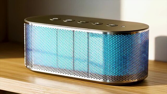Blue-lit beats on wood&mdash;portable speaker glows with style, ready to stream sound in sleek form.