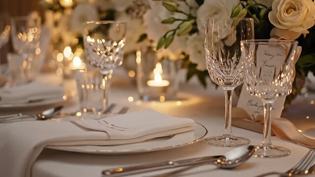 Luxurious close-up of a beautifully set table for a formal dinner, featuring crystal glasses, silverware, and soft candlelit bokeh, perfect for wedding videography and upscale restaurant advertisement