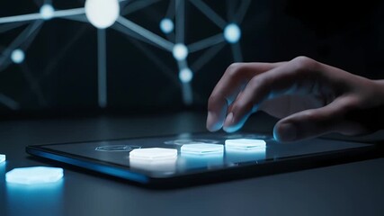 Close up of a human hand interacting with glowing digital pieces on a tablet interface for a blockchain technology concept and interconnected network - Powered by Adobe