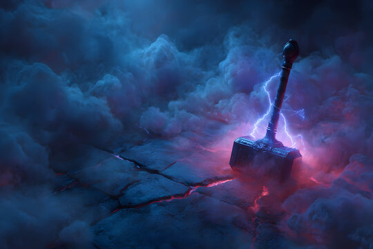 Mythical warhammer glowing with energy embedded in cracked ground surrounded by mist