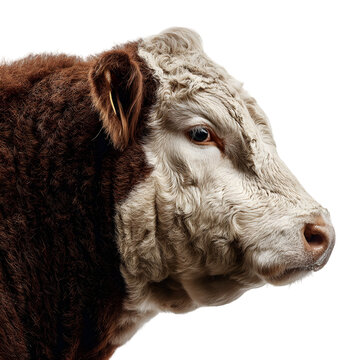 Close up profile of a hereford bull with distinctive white face and brown body isolated on transparent background