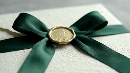 Detailed shot of a luxury gift box or invitation sealed with a cracked gold wax stamp and dark emerald ribbon, perfect for high-end promotion and exclusive events.