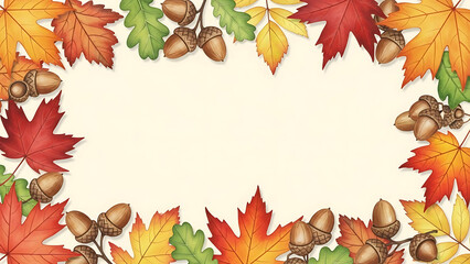 Vibrant autumn leaves and acorns create a beautiful natural border, perfect for seasonal designs, fall greetings, or harvest festival promotions on a textured background