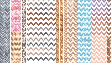 Colorful zig-zag stripes with varied patterns and textures, creating a vibrant, abstract design on a white backdrop