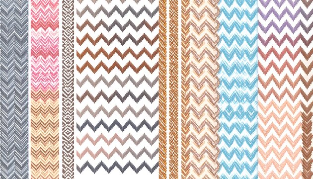 Colorful zig-zag stripes with varied patterns and textures, creating a vibrant, abstract design on a white backdrop
