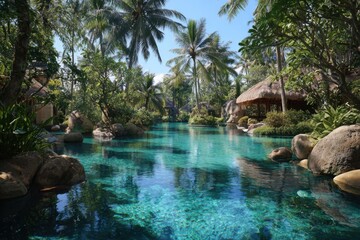 Naklejka premium Serene tropical swimming pool scene in Bali surrounded by lush greenery and palm trees on a bright sunny day