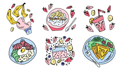 A large collection of varied healthy breakfasts with granola, porridge, omelettes and bowls
