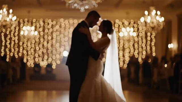 Romantic silhouette of a newly married couple dancing their first dance in a luxurious ballroom filled with golden bokeh string lights, perfect for wedding videos and romantic commercial themes.