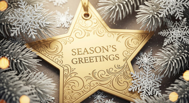 Golden star with "Season's Greetings" inscription and intricate filigree design, surrounded by snowy pine branches and glitter snowflakes, Christmas decoration
