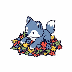 Cute cartoon wolf cub playing in a colorful pile of autumn leaves.