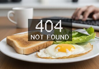 Fried egg with toast and salad on plate with 404 not found error overlay in office setting. 404 food