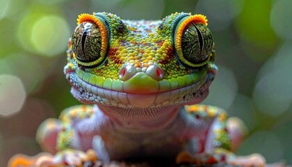 Close-up of a vividly colored gecko with large eyes, set against a blurry green backdrop, focused on its happy expression