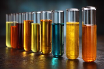 Colorful liquids in test tubes showcase a range of chemical reactions in a laboratory setting during daytime