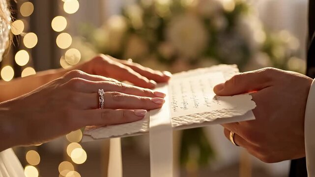 Intimate close-up of wedding couple's hands exchanging a romantic note with beautiful gold bokeh lights in the background, ideal for luxury event promotions and engagement films.