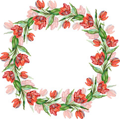 Watercolor wreath of vibrant red and soft pink tulips with lush green leaves. Elegant floral circle perfect for wedding designs, spring invitations, feminine branding, packaging, stationery, and seaso