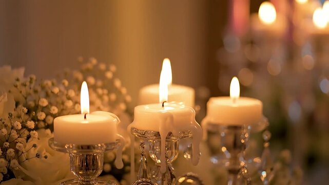 Warm, soft focus shot of three white pillar candles burning on ornate crystal candlesticks, surrounded by delicate baby's breath flowers, perfect for romantic backgrounds and wedding ceremony footage.