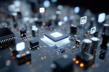 Exploring the intricate details of a printed circuit board showcasing the concept of the Internet of Things with illuminated icons and connections