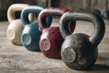 Different kettlebells with varying weights lined up in a gym setting for strength training exercises