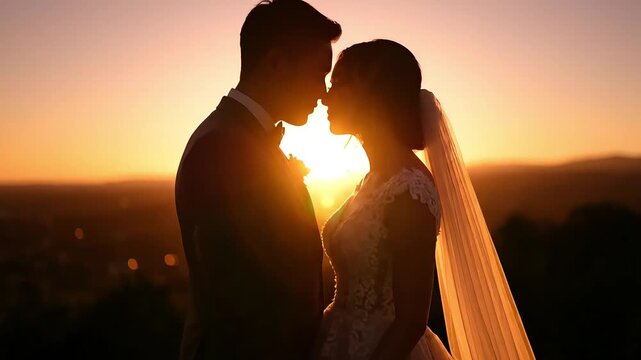 Romantic silhouette of a newly married couple embracing nose-to-nose against a dramatic orange and gold sunset, ideal for wedding films and romance concepts.