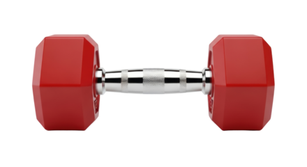 Red dumbbell isolated PNG, fitness equipment for strength training and bodybuilding on transparent background