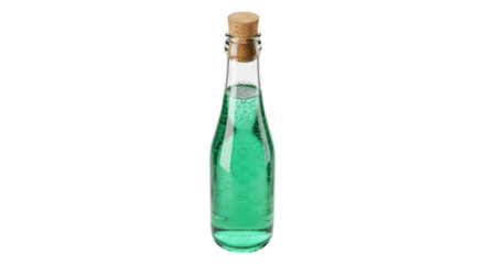 Green potion in glass bottle with cork isolated PNG, magical elixir for fantasy games and Halloween decorations
