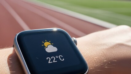 Smartwatch displaying weather and temperature on track field