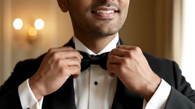 Close-up of a man in a black tuxedo adjusting his bow tie before a formal event, symbolizing preparation and elegance, ideal for luxury advertising and wedding cinematography.
