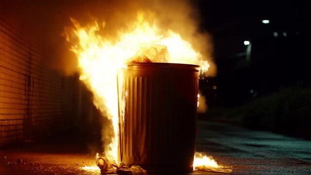 A metal trash can engulfed in flames on a dark city street at night, reflecting the intense heat against the brick wall backdrop. 