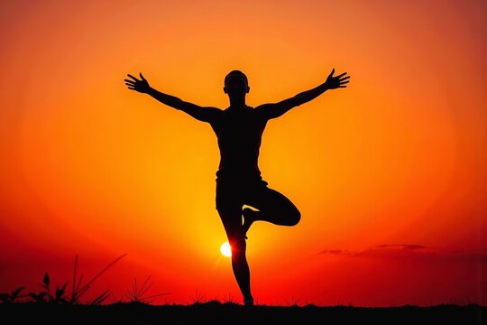 Silhouette of a Person in Yoga Pose against a Colorful Sunset Sky