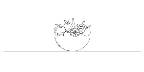 Continuous one line of a fruit bowl, symbolizing nutrition education, drawn vector illustration.