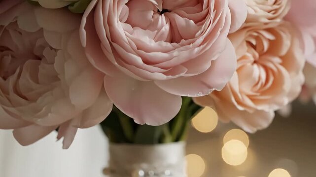 Close-up shot of a luxurious wedding cake decorated with detailed white sugar flowers, delicate pink accents, and a string of elegant white pearls, perfect for luxury event promotions and wedding. - Powered by Adobe