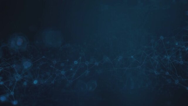 Futuristic abstract network of glowing blue lines and hexagonal shapes on a dark gradient background